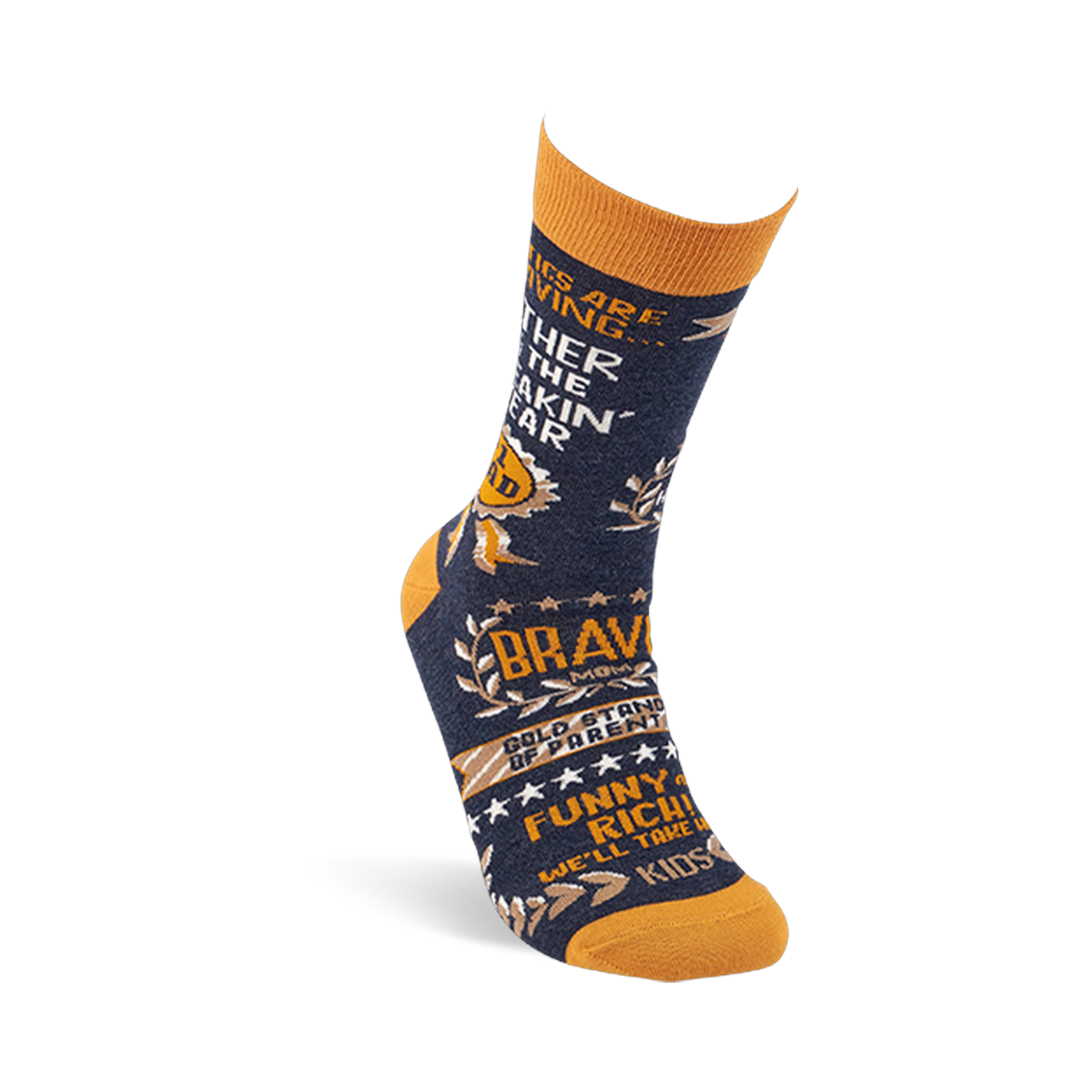 Single navy blue crew sock with mustard yellow cuff, heel, and toe, featuring 'Father of the Freakin' Year' text and awards.