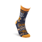 Single navy blue crew sock with mustard yellow cuff, heel, and toe, featuring 'Father of the Freakin' Year' text and awards.