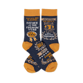 Pair of navy blue crew socks with mustard yellow accents, covered in gold and white text like 'Father Of The Year' and 'Master Handyman'.