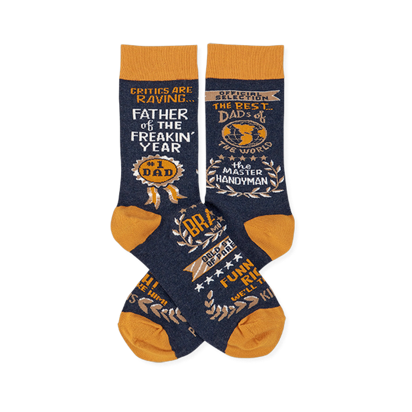 Pair of navy blue crew socks with mustard yellow accents, covered in gold and white text like 'Father Of The Year' and 'Master Handyman'.