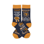Pair of navy blue crew socks with mustard yellow accents, covered in gold and white text like 'Father Of The Year' and 'Master Handyman'.