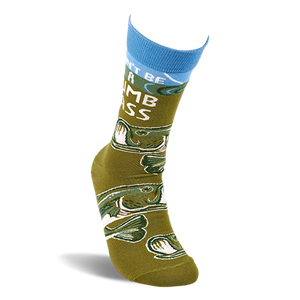 Single olive green crew sock, angled to display 'Don't Be A Dumb Bass' text and bass fish pattern.