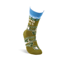 Single olive green crew sock, angled to display 'Don't Be A Dumb Bass' text and bass fish pattern.