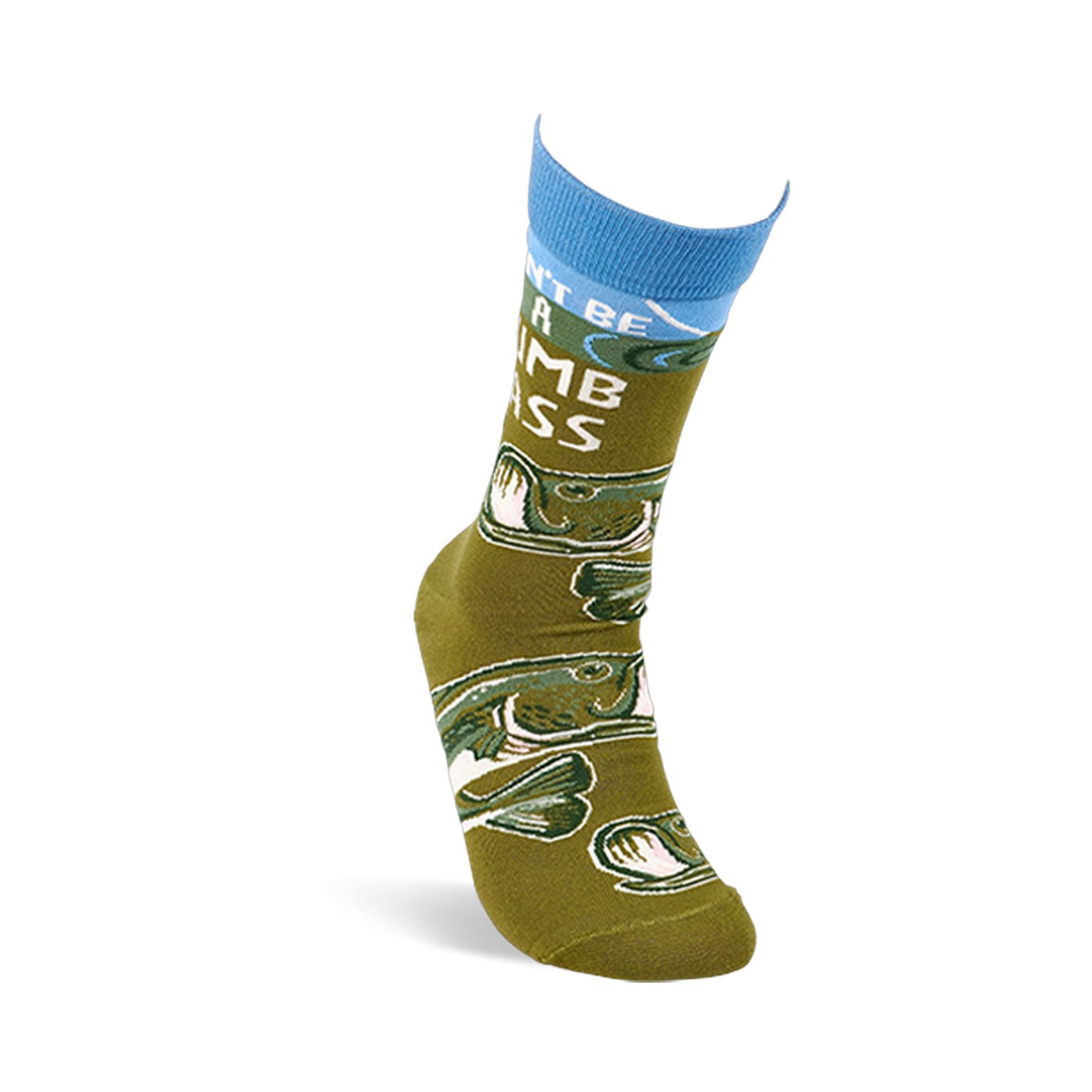Single olive green crew sock, angled to display 'Don't Be A Dumb Bass' text and bass fish pattern.