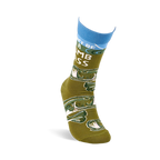 Single olive green crew sock, angled to display 'Don't Be A Dumb Bass' text and bass fish pattern.