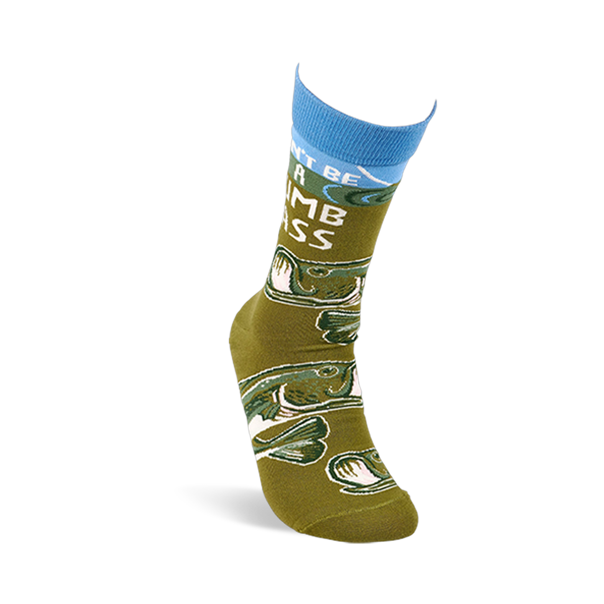 Single olive green crew sock, angled to display 'Don't Be A Dumb Bass' text and bass fish pattern.