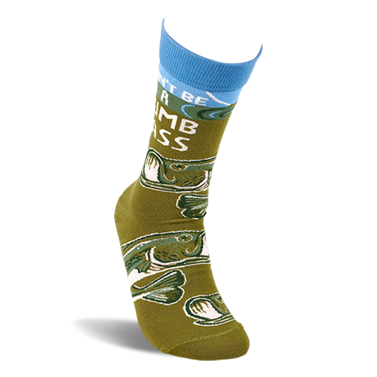 Single olive green crew sock, angled to display 'Don't Be A Dumb Bass' text and bass fish pattern.