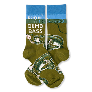 Pair of olive green crew socks with blue cuffs, showing 'Don't Be A Dumb Bass' text and bass fish graphics.