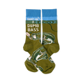 Pair of olive green crew socks with blue cuffs, showing 'Don't Be A Dumb Bass' text and bass fish graphics.