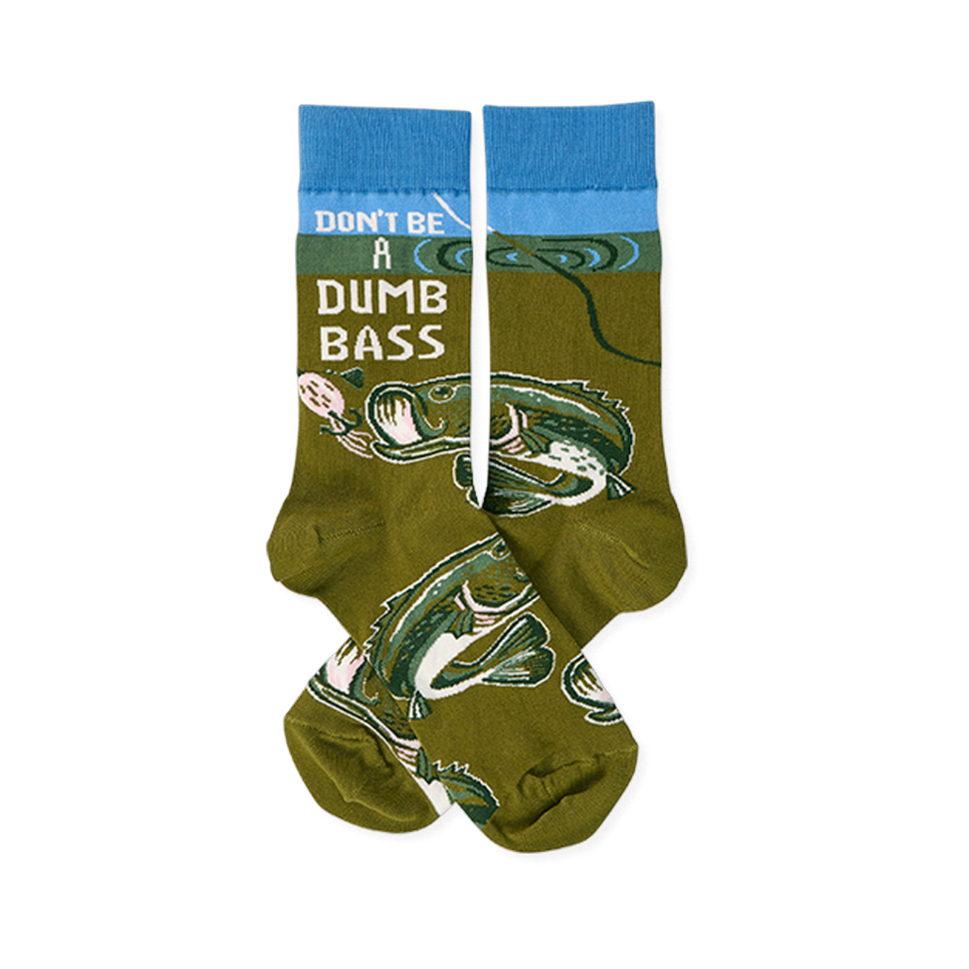 Pair of olive green crew socks with blue cuffs, showing 'Don't Be A Dumb Bass' text and bass fish graphics.