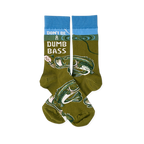 Pair of olive green crew socks with blue cuffs, showing 'Don't Be A Dumb Bass' text and bass fish graphics.