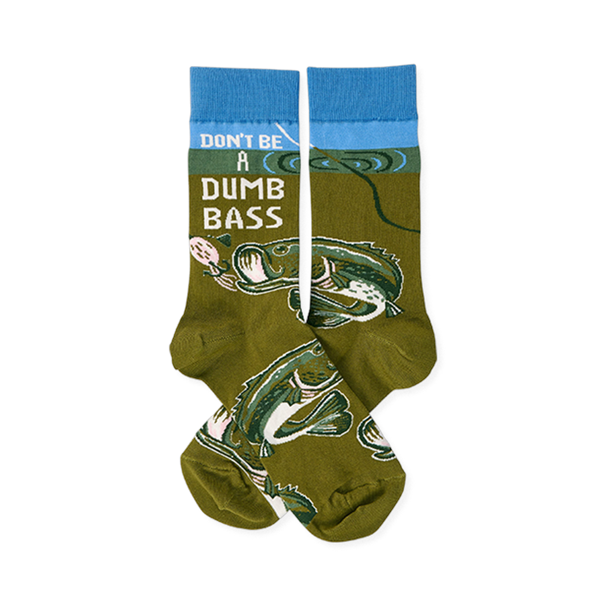 Pair of olive green crew socks with blue cuffs, showing 'Don't Be A Dumb Bass' text and bass fish graphics.