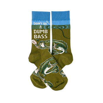Pair of olive green crew socks with blue cuffs, showing 'Don't Be A Dumb Bass' text and bass fish graphics.
