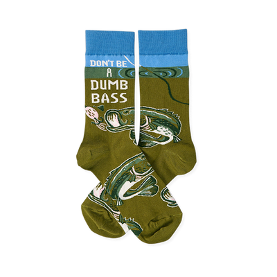 Pair of olive green crew socks with blue cuffs, showing 'Don't Be A Dumb Bass' text and bass fish graphics.