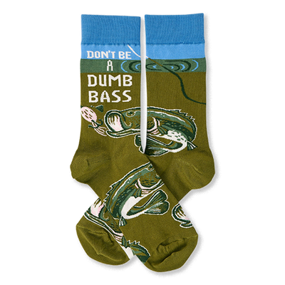 Pair of olive green crew socks with blue cuffs, showing 'Don't Be A Dumb Bass' text and bass fish graphics.