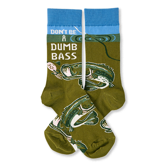 Pair of olive green crew socks with blue cuffs, showing 'Don't Be A Dumb Bass' text and bass fish graphics.