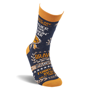 Single navy crew sock standing upright, showing 'Mother Of The Freakin' Year' text and 'Brave Dad' on the foot.