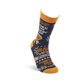 Single navy crew sock standing upright, showing 'Mother Of The Freakin' Year' text and 'Brave Dad' on the foot.