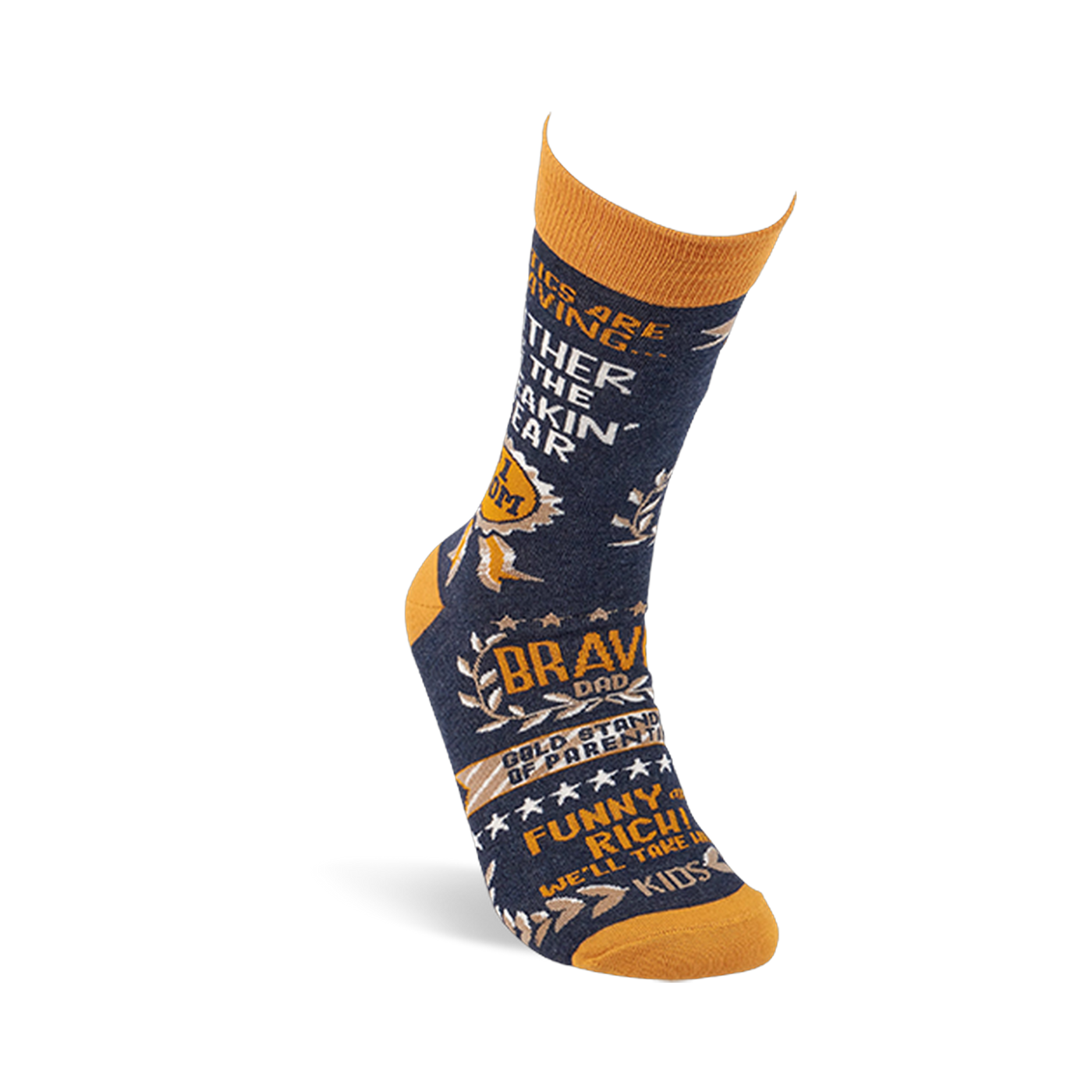 Single navy crew sock standing upright, showing 'Mother Of The Freakin' Year' text and 'Brave Dad' on the foot.