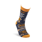 Single navy crew sock standing upright, showing 'Mother Of The Freakin' Year' text and 'Brave Dad' on the foot.