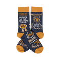 Pair of navy crew socks with orange cuffs, heels, and toes, featuring gold and white text graphics like 'Mother Of The Freakin' Year'.