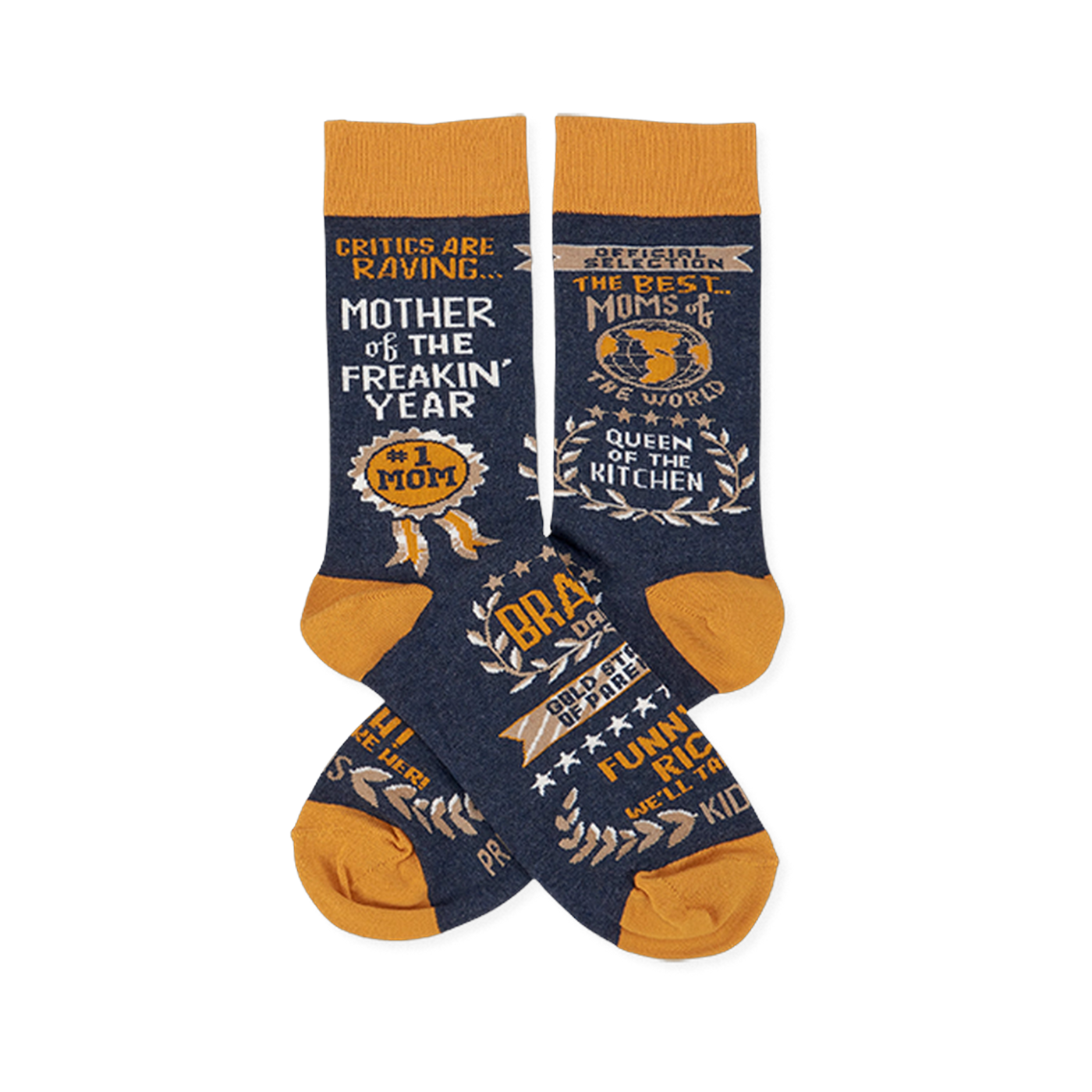 Pair of navy crew socks with orange cuffs, heels, and toes, featuring gold and white text graphics like 'Mother Of The Freakin' Year'.