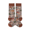 Two crew socks with a greyish-brown background, featuring a pattern of brown and red mushrooms, green leaves, and snails. Dark brown cuffs, heels, and toes.