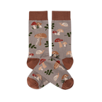 Two crew socks with a greyish-brown background, featuring a pattern of brown and red mushrooms, green leaves, and snails. Dark brown cuffs, heels, and toes.