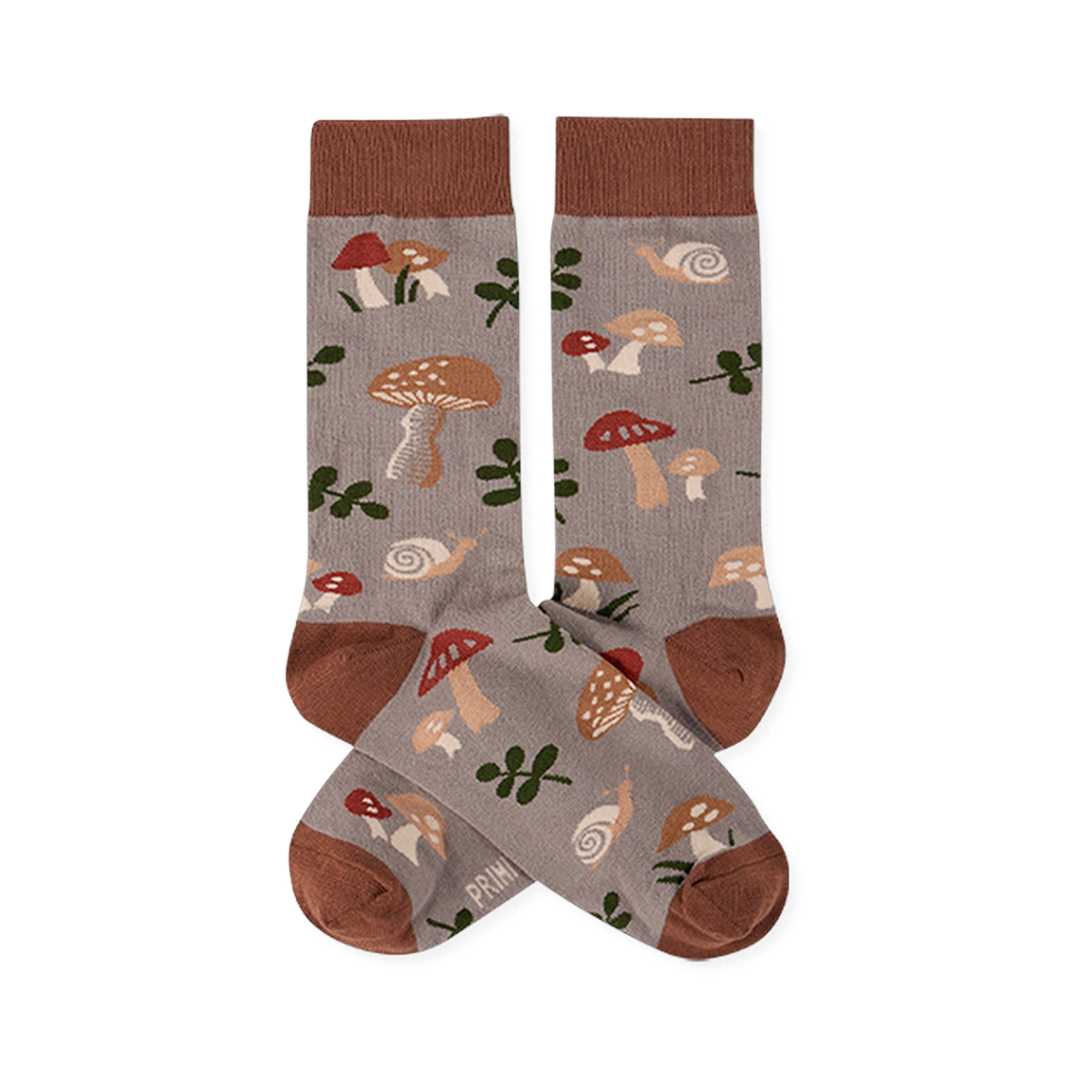 Two crew socks with a greyish-brown background, featuring a pattern of brown and red mushrooms, green leaves, and snails. Dark brown cuffs, heels, and toes.
