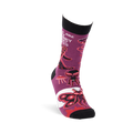 Single purple crew sock shown at an angle, featuring Mothman, alien, and UFO patterns with black cuff and toe.