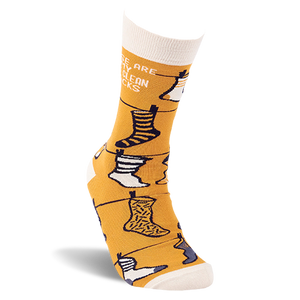Single mustard yellow crew sock on a white foot model, displaying the 'THESE ARE MY ONLY CLEAN SOCKS' text and clothesline pattern.