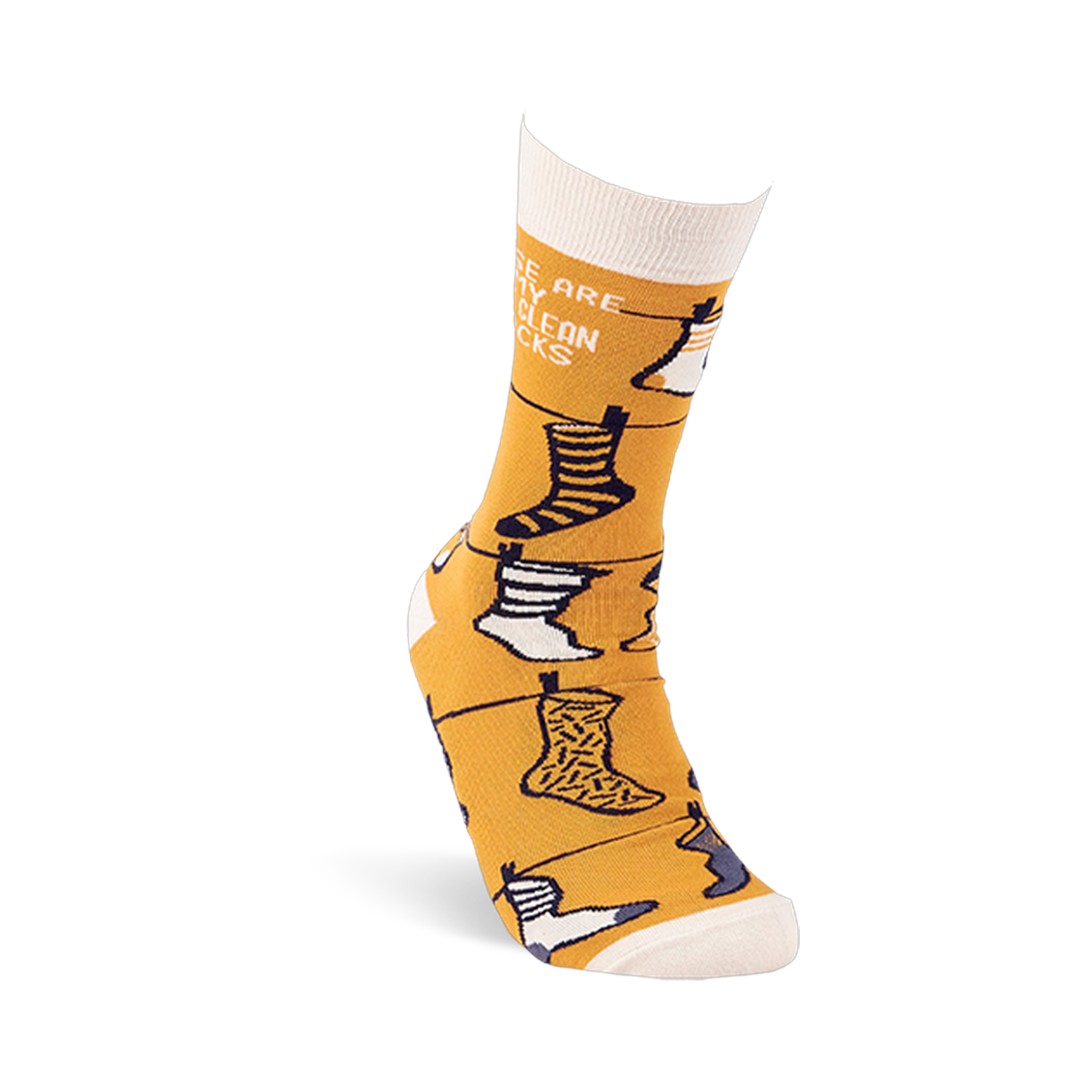 Single mustard yellow crew sock on a white foot model, displaying the 'THESE ARE MY ONLY CLEAN SOCKS' text and clothesline pattern.