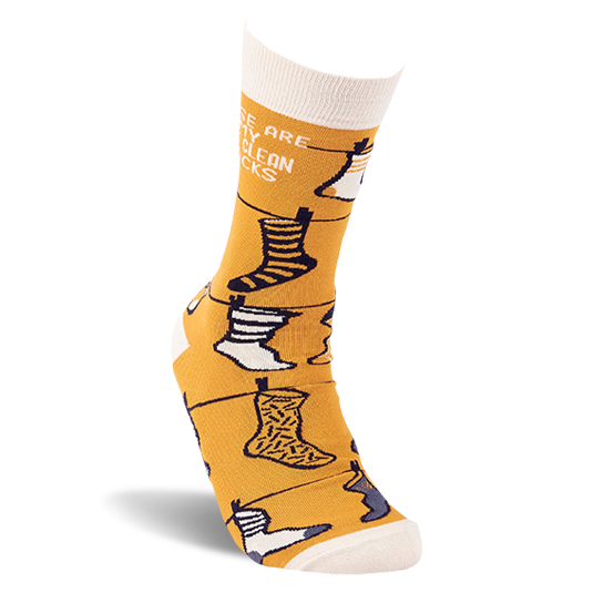 Single mustard yellow crew sock on a white foot model, displaying the 'THESE ARE MY ONLY CLEAN SOCKS' text and clothesline pattern.