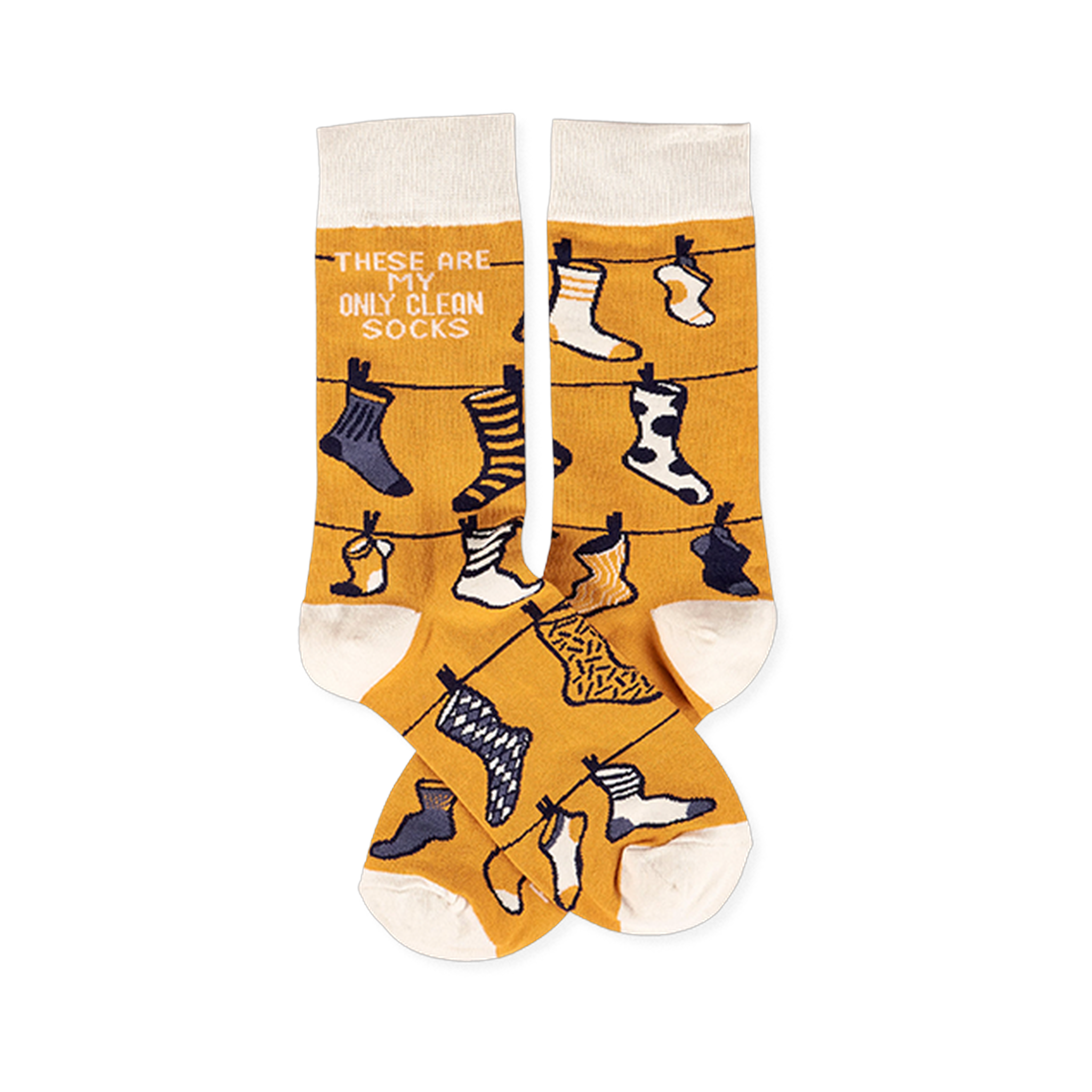 Pair of mustard yellow crew socks with off-white cuffs, heels, and toes, featuring a clothesline pattern with various small socks and the phrase 'THESE ARE MY ONLY CLEAN SOCKS'.