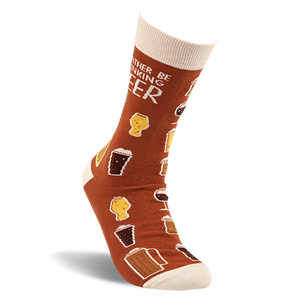 A single brown crew sock, worn on an invisible foot model, angled to show the heel, toe, and the 