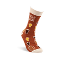 A single brown crew sock, worn on an invisible foot model, angled to show the heel, toe, and the "I'D RATHER BE DRINKING BEER" text.