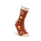 A single brown crew sock, worn on an invisible foot model, angled to show the heel, toe, and the "I'D RATHER BE DRINKING BEER" text.