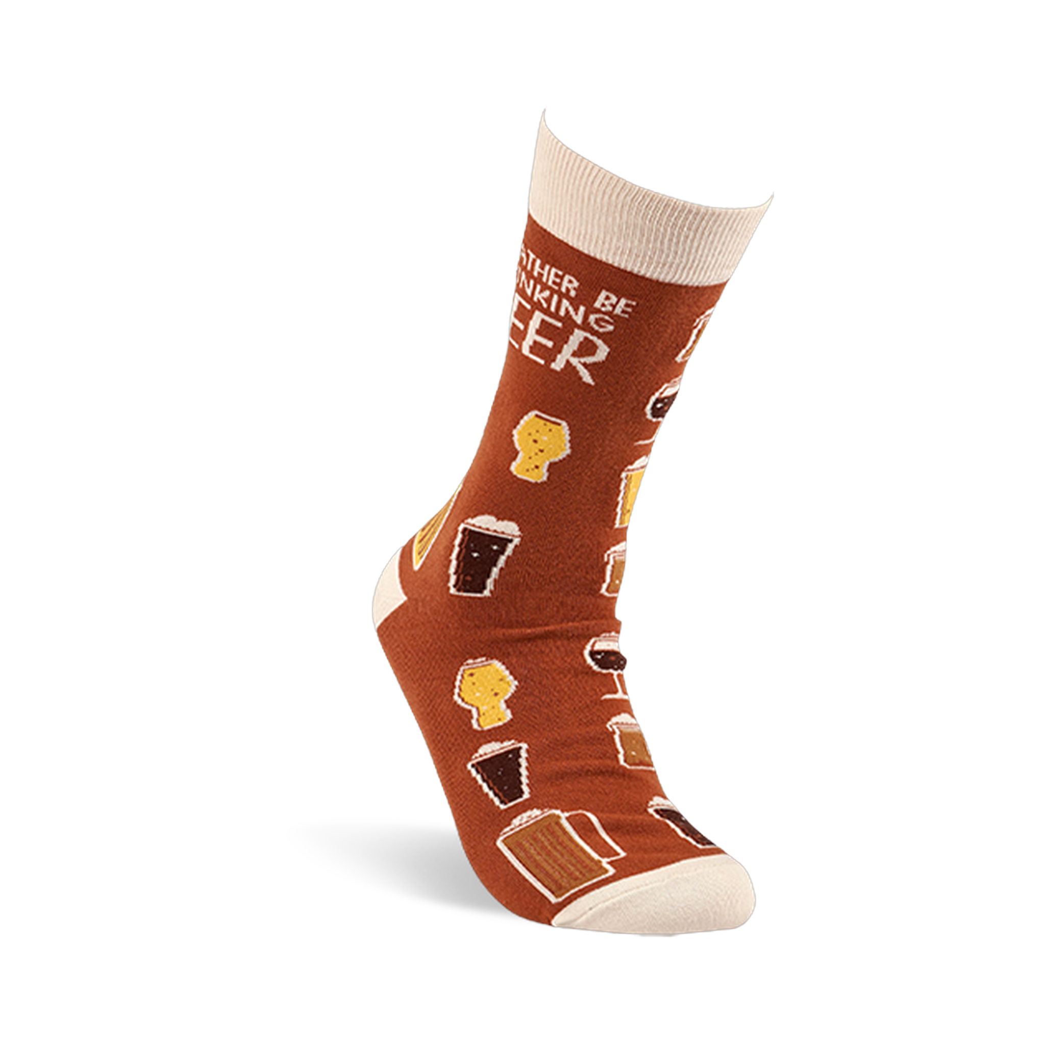 A single brown crew sock, worn on an invisible foot model, angled to show the heel, toe, and the "I'D RATHER BE DRINKING BEER" text.