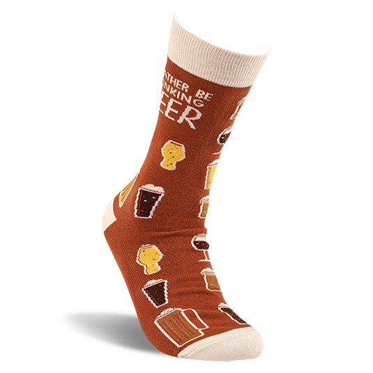 A single brown crew sock, worn on an invisible foot model, angled to show the heel, toe, and the 