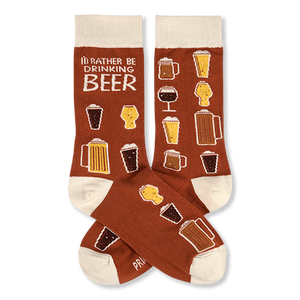 A pair of brown crew socks with a repeating pattern of various beer glasses and the text 