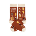 A pair of brown crew socks with a repeating pattern of various beer glasses and the text "I'D RATHER BE DRINKING BEER."