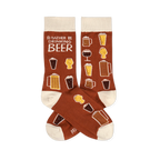 A pair of brown crew socks with a repeating pattern of various beer glasses and the text "I'D RATHER BE DRINKING BEER."