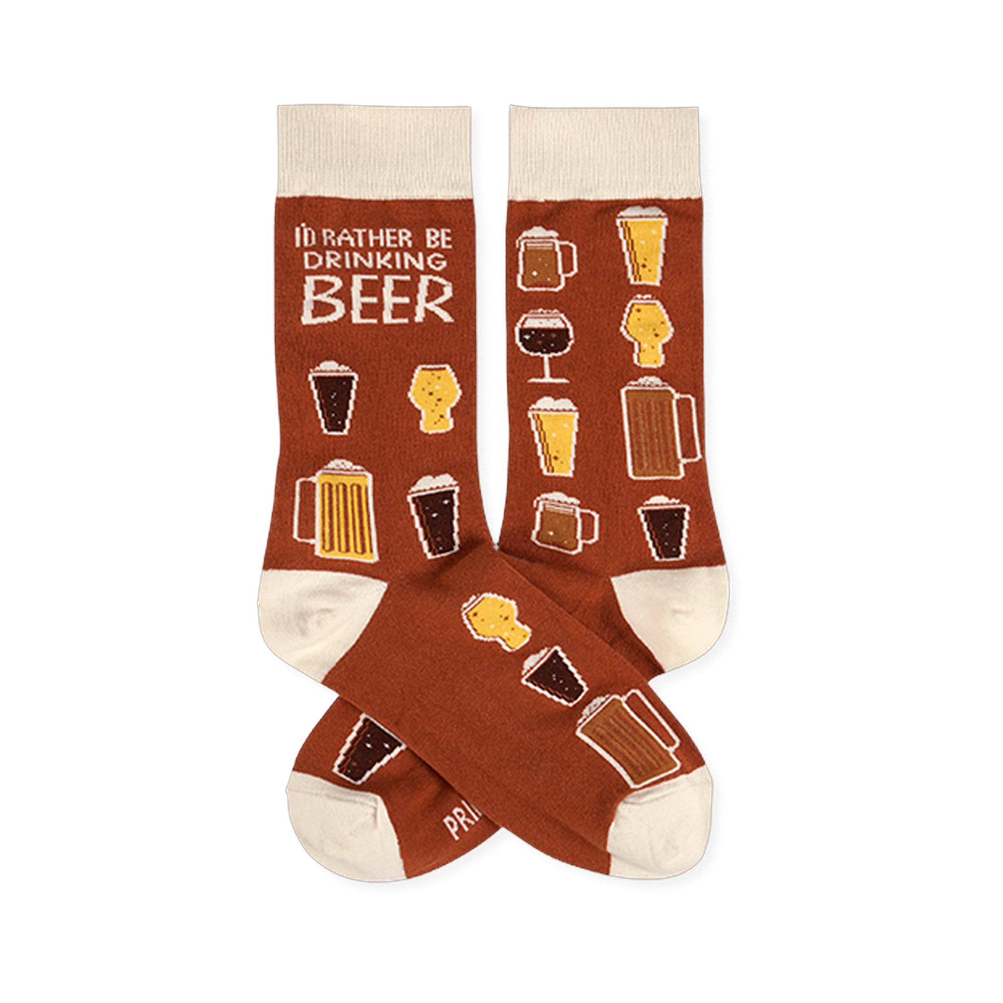 A pair of brown crew socks with a repeating pattern of various beer glasses and the text "I'D RATHER BE DRINKING BEER."