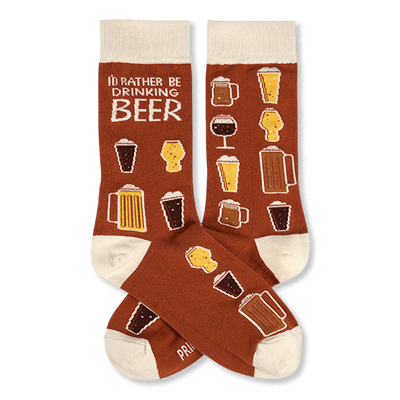 A pair of brown crew socks with a repeating pattern of various beer glasses and the text "I'D RATHER BE DRINKING BEER."