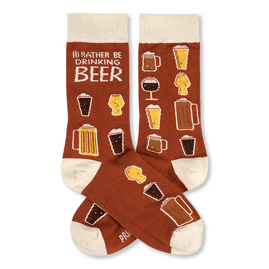 A pair of brown crew socks with a repeating pattern of various beer glasses and the text 