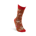Single brown crew sock with red cuff, heel, and toe on a foot form, showing whiskey bottles and glasses pattern.