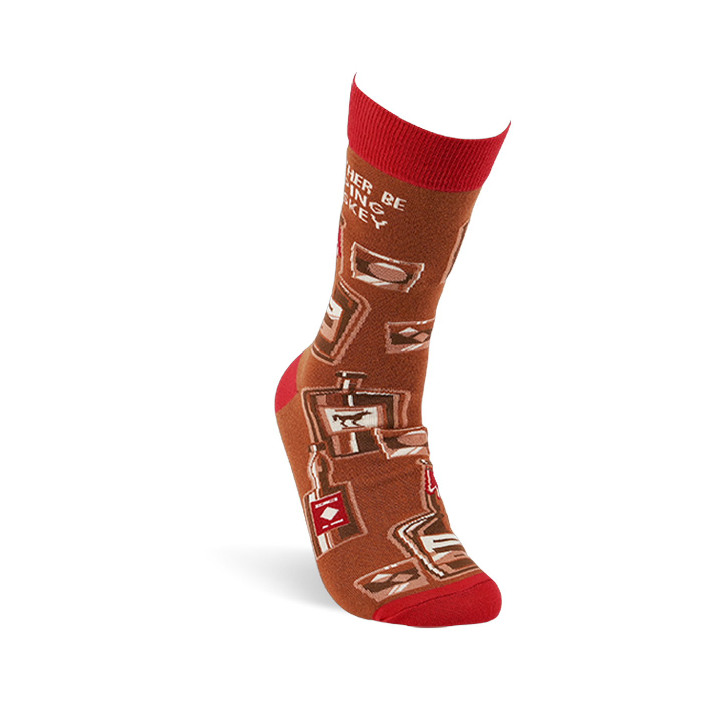 Single brown crew sock with red cuff, heel, and toe on a foot form, showing whiskey bottles and glasses pattern.