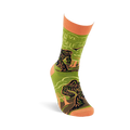 A single olive green and orange Bigfoot crew sock standing upright, showing the creature, forest, and 'Believe In Yourself' text.