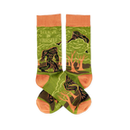 A pair of crew socks, olive green with orange accents. Features a dark green Bigfoot-like creature in a forest and 'Believe In Yourself' text.