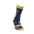 Navy space-themed sock with "Sorry I'm Spaced Out" text, green alien, UFO, planets, and stars. Lime green cuff, heel, and toe